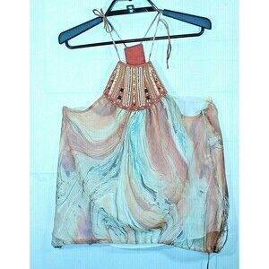 An'ge Scarf Halter Top Designer Boho Beaded Blouse Womens Size S/M